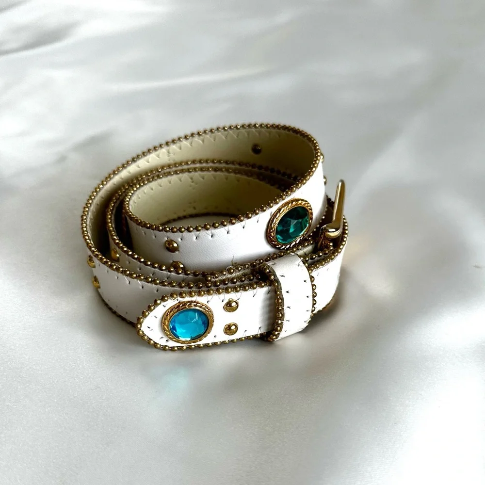 Vintage early 1990s Synthetic Jewel Embellished White Leather Waist Belt -Large